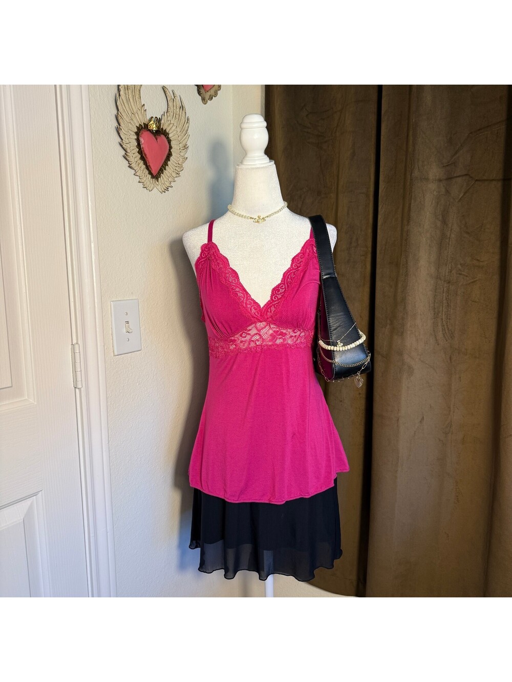 Avidlove Hot Pink Bella Swan Babydoll Lace Trim Cami Women's Tank Top Y2K Girly